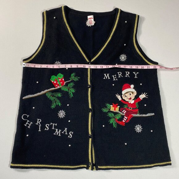 Womens XL Christmas Sweater Vest Holiday Time Black Merry Christmas Elf Design - Picture 3 of 7